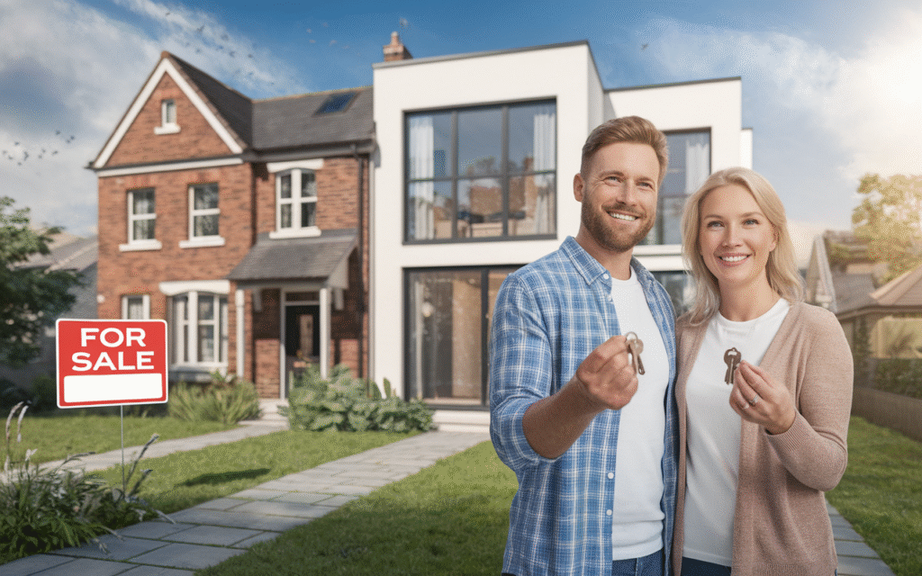 Couple heureux devant une nouvelle maison après l'achat