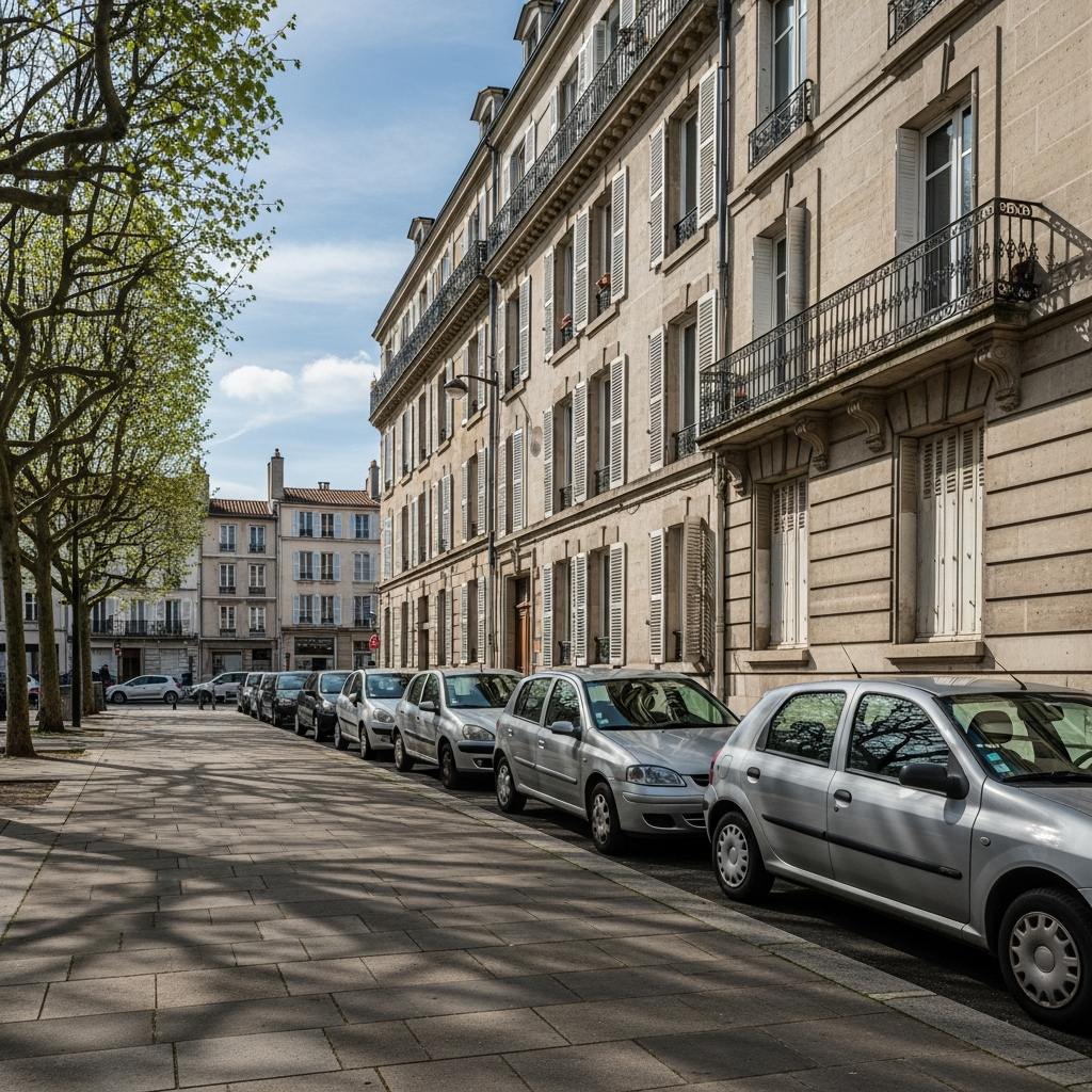 Vue de la Place Gaston Viens dans le quartier Fer à Cheval à Orly avec indication du prix au mètre carré